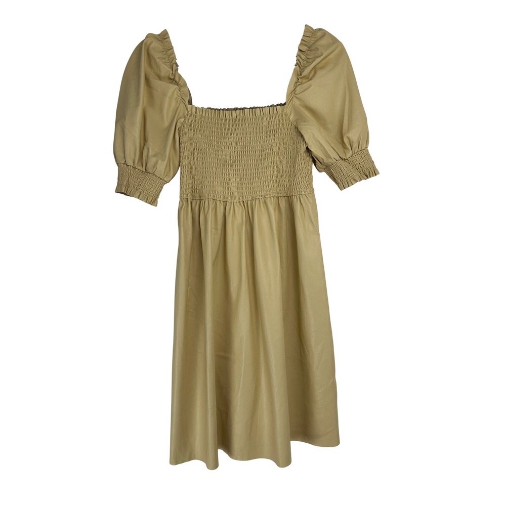 7 For‎ All Mankind Faux Leather Smocked Mini Dress Tan Beige Medium Festival